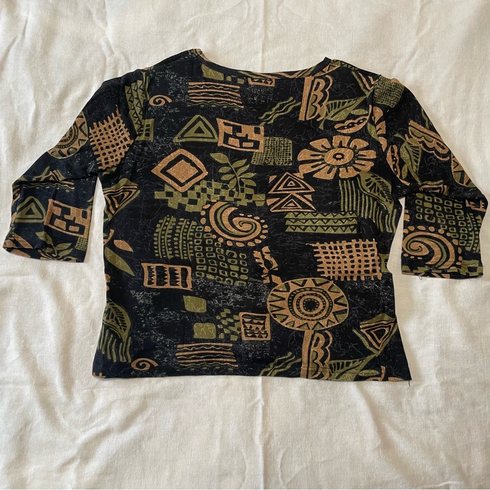 Black with Green and Tan Patterns 3/4 sleeve Shirt - Picture 2 of 4